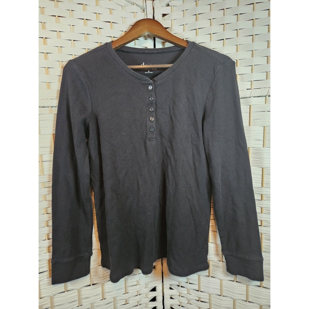 D & CO Womens Small Black Waffle Knit Henley Long Sleeves T Shirt Casual Classic